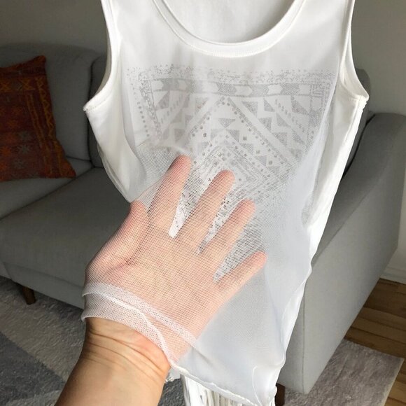San Fransisco White Fringed Tank Top Sheer Scoop Neck Festival Summer Women's M - Picture 2 of 16